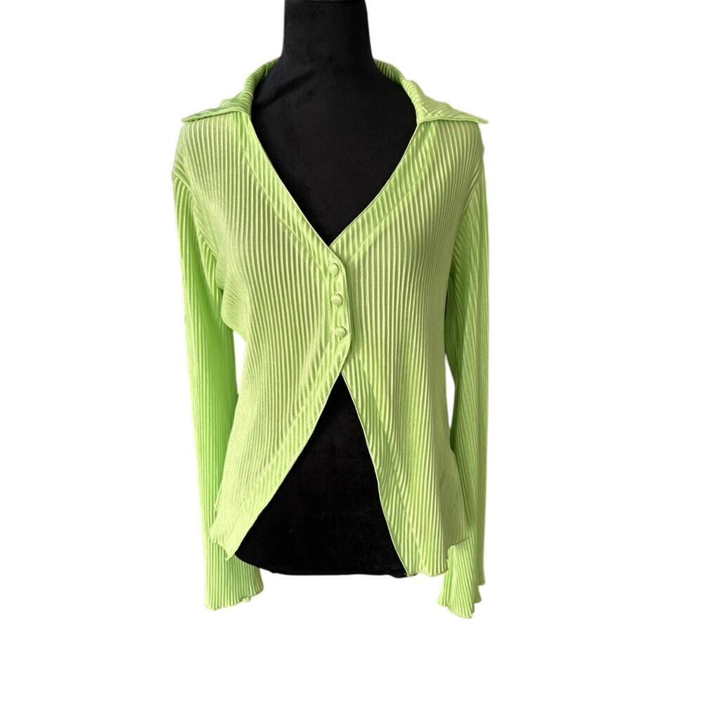 Women’s L Lime Green Ribbed Collared Button Top Lyaner Y2K Lightweight